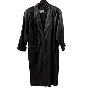 AVANTI Womens Black Leather Long Trench Coat Jacket Size M Vtg‎